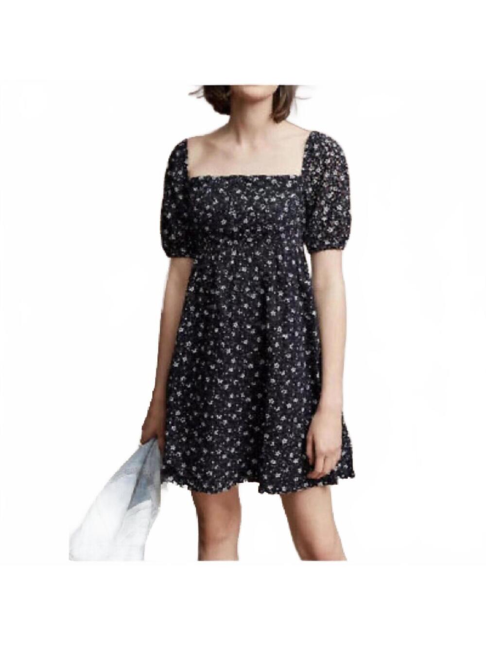 Anthropologie Maeve Navy Floral Eyelet Puff Sleeve Babydoll Mini Dress 6